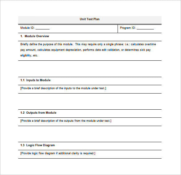 unit test plan template free word format download