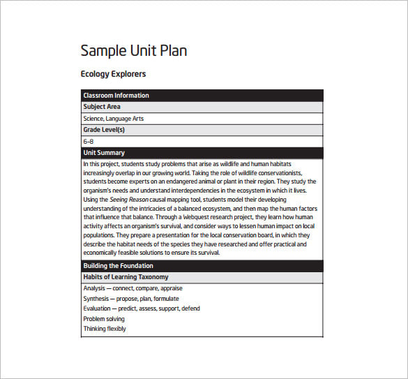 science unit plan sample pdf template free download