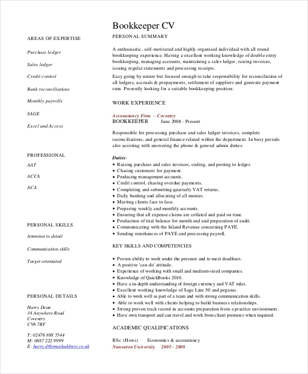 Bookkeeper Resume Template 5  Free Word PDF Documents Download