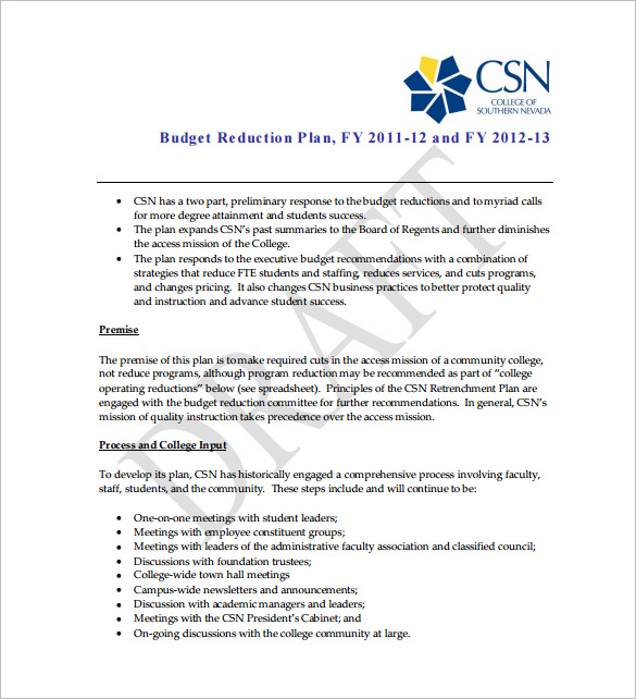 budget reduction plan sample pdf template free download