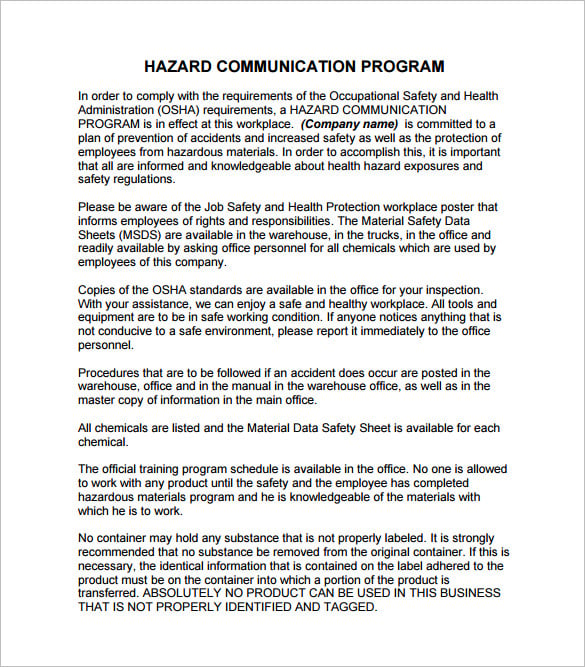 hazard communication plan example pdf template free download