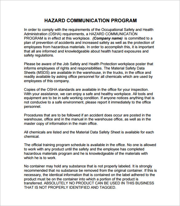 Hazard Communication Plan Template