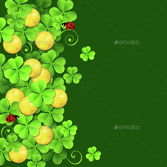 green background with clover leaves and golden coins