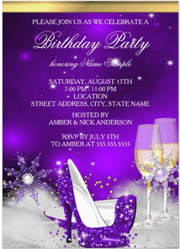 purple high heel shoes silver gold champagne birthday party invitation card