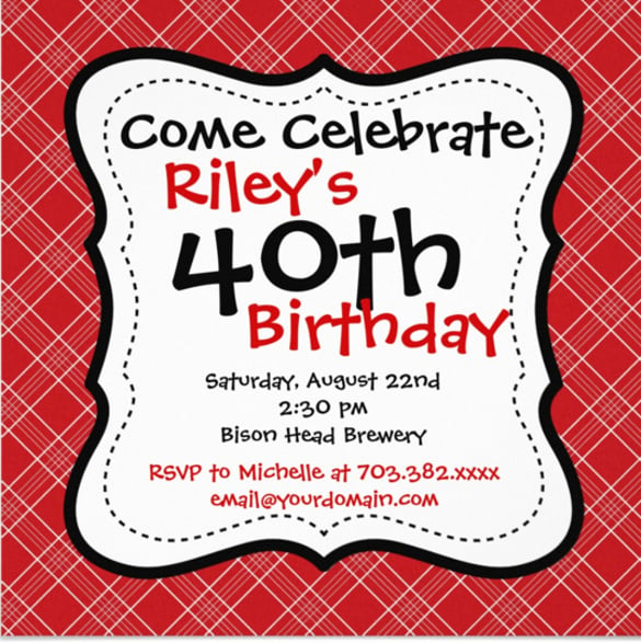 red black plaid 40th birthday party invitations