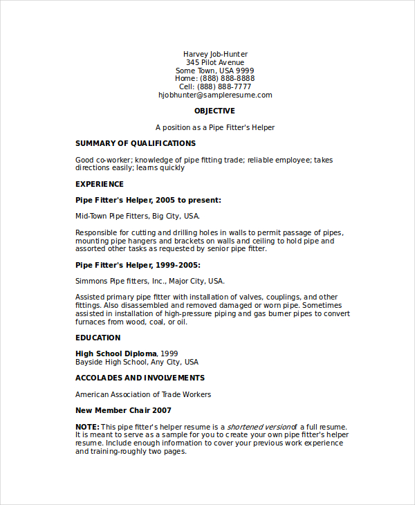 Pipefitter Resume Template 6 Free Word Documents Download
