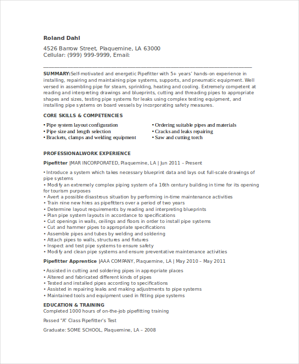 Pipefitter Resume Template 6+ Free Word, Documents Download