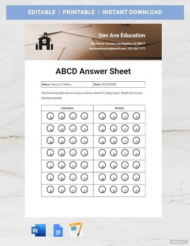 abcd answer sheet template