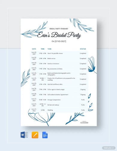 bridal party itinerary template