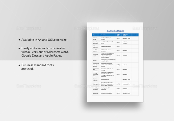 construction checklist template