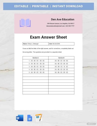 exam answer sheet template