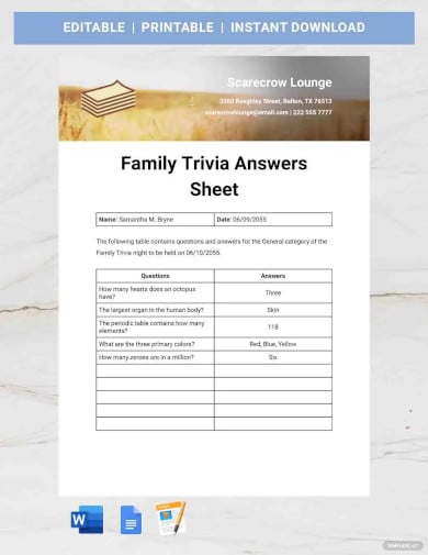family trivia answers sheet template