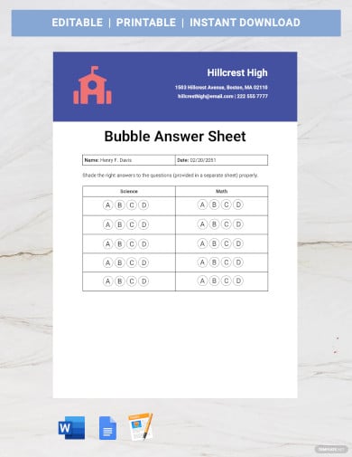 free bubble answer sheet template