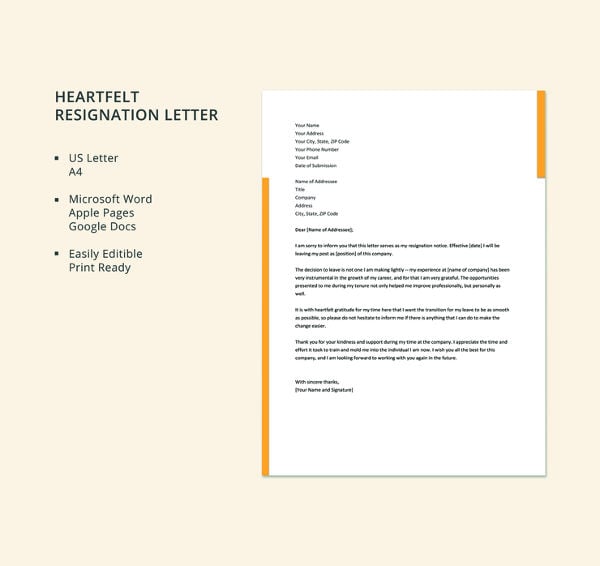 free heartfelt resignation letter template