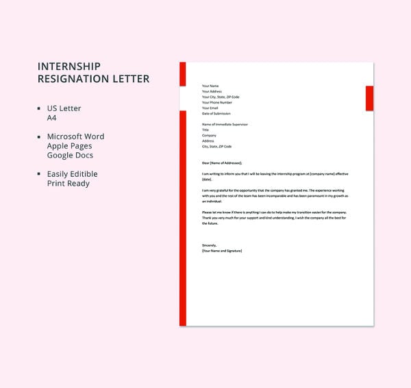 free internship resignation letter template