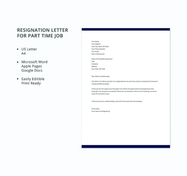 free part time job resignation letter template