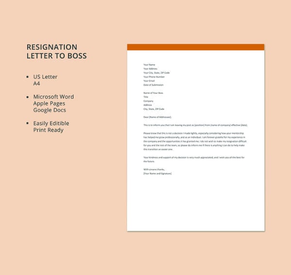 free resignation letter to boss template