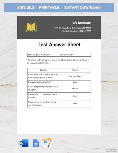 free test answer sheet template