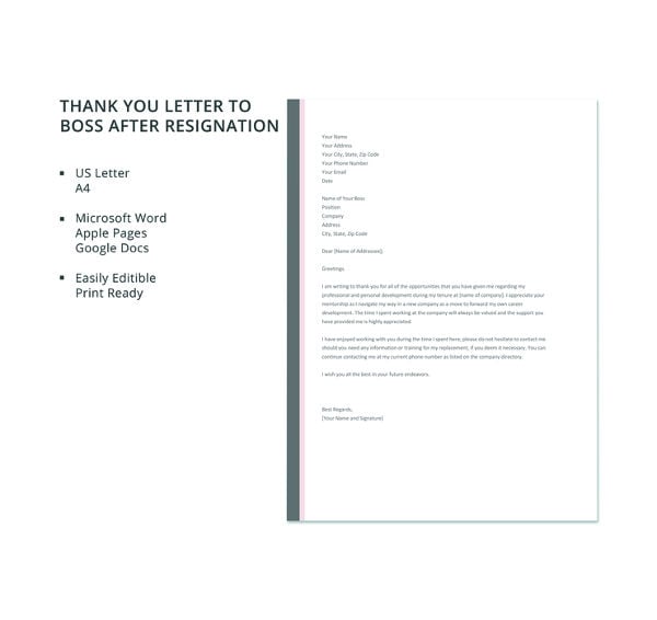 free thank you letter to boss after resignation template
