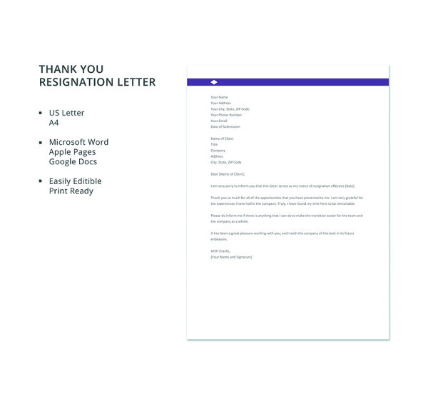 free thank you resignation letter template