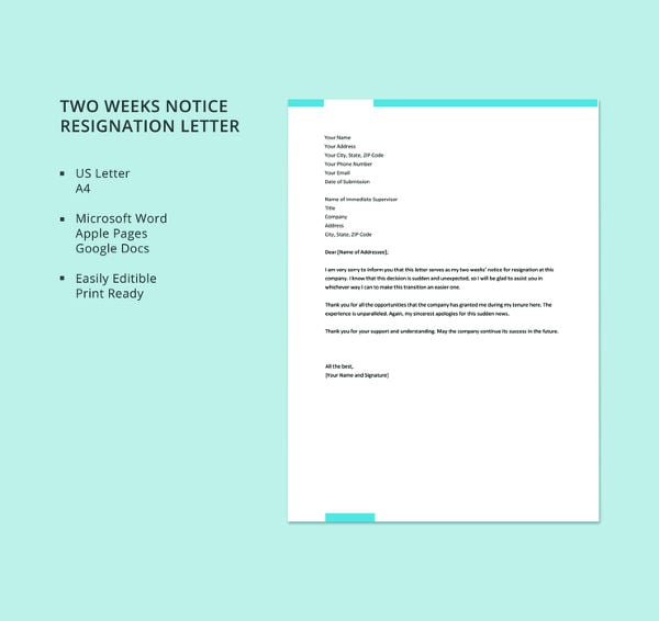 free two weeks notice resignation letter template