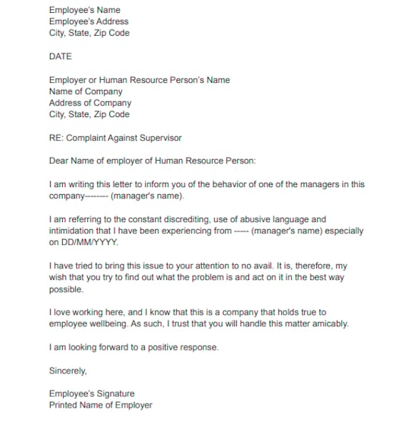 hr complaint letter against supervisor
