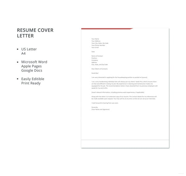 housekeeping resume cover letter template