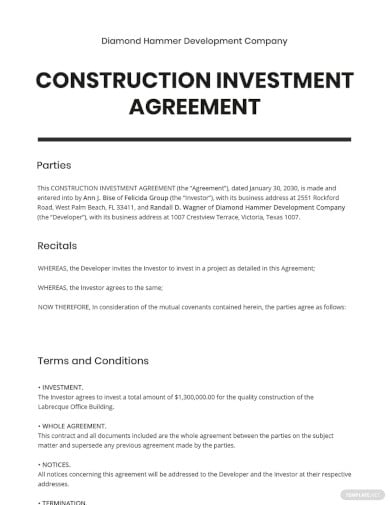 one page construction investment agreement template