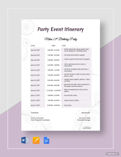 party event itinerary template