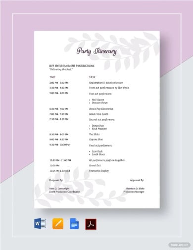 party itinerary template