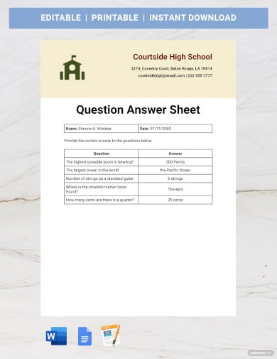 question answer sheet template