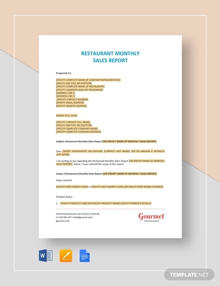 restaurant monthly sales report template