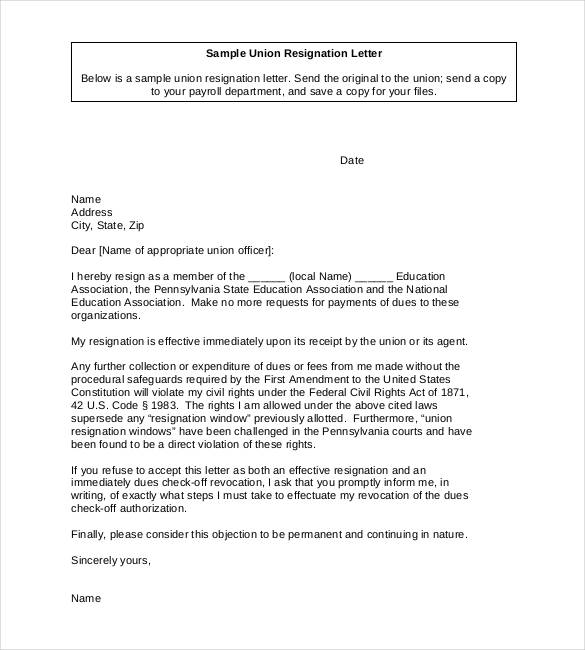 sample union resignation letter