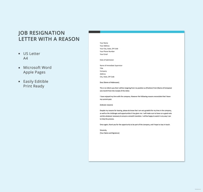 simple resignation letter with a reason