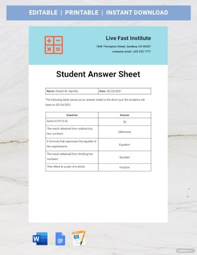student answer sheet template