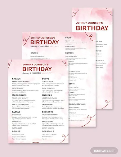 water color birthday menu template