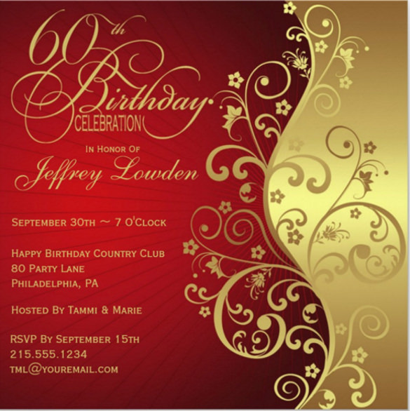 red gold 60th birthday party invitation