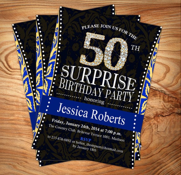 50th surprise birthday invitation royal blue gold