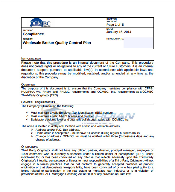 broker quality control plan sample template free download