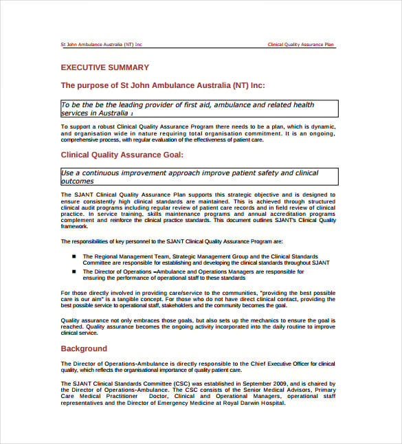 clinical quality assurance plan example pdf template free download