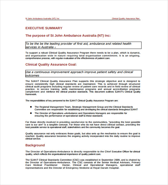 clinical quality assurance plan example pdf template free download