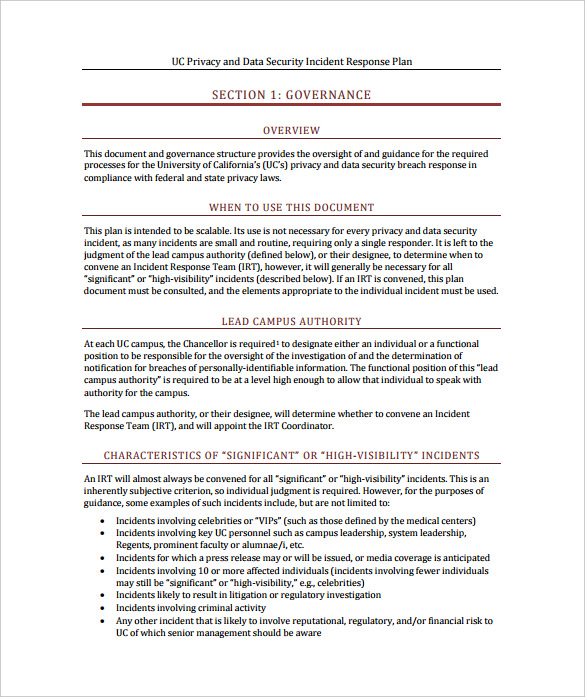 uc privacy and data security incident response plan sample template free download