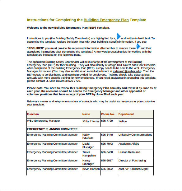 building emergency plan example template free download