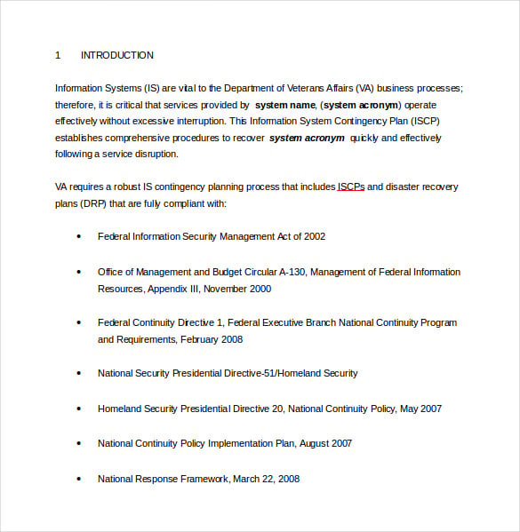 information system contingency plan sample template free download