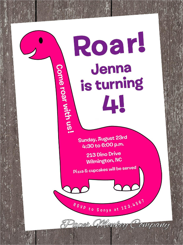 simple pink dinosaur birthday invitation for girls