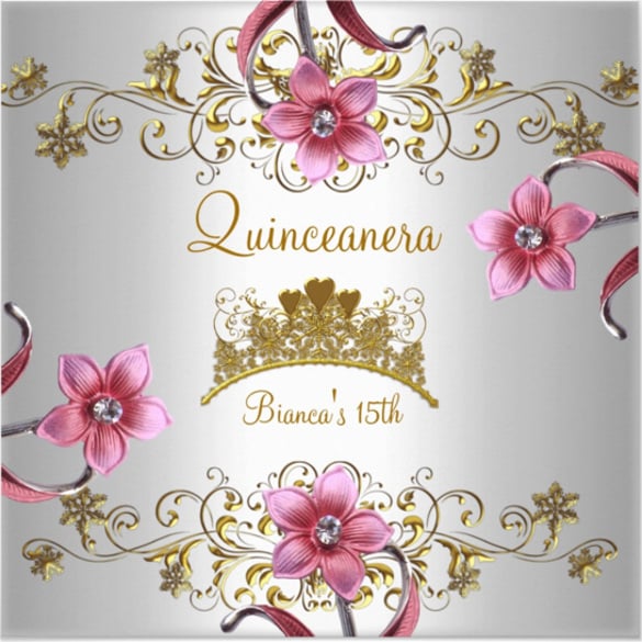 quinceanera 15th white pink flowers gold tiara invitation
