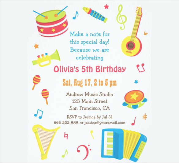 colourful music instruments kids birthday party invitations