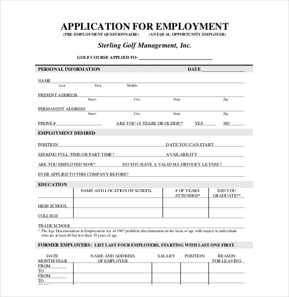 free employment application template