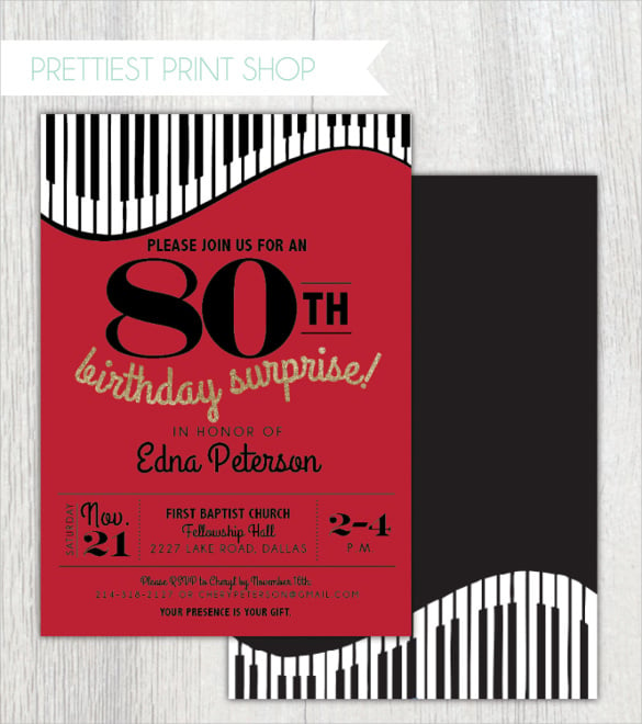piano theme red 80th birthday invitation template