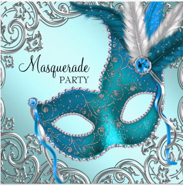 teal blue and silver mask masquerade party invitation